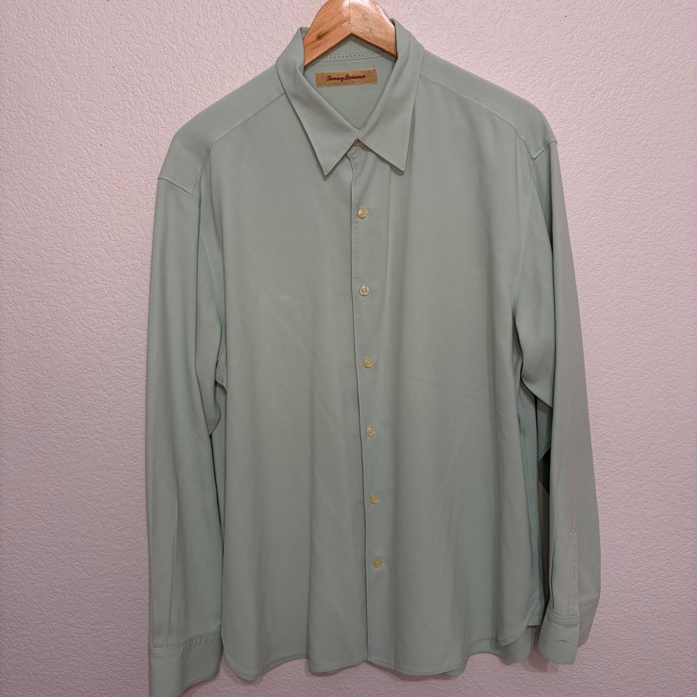 Tommy Bahama Mens XL Mint Green 100% Silk Textured Long Sleeve Button Up Shirt